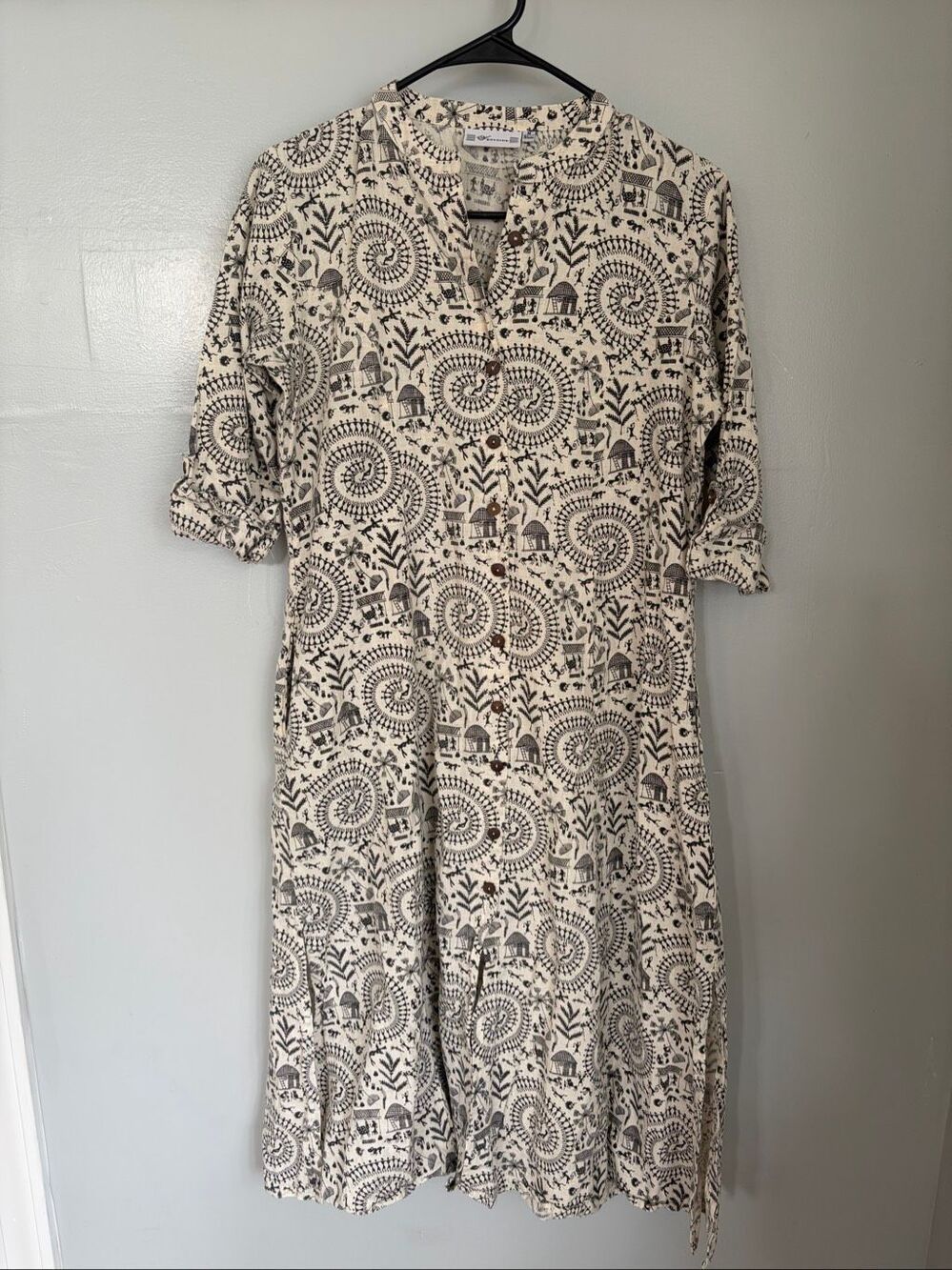 West Side Folk Print Shirt Dress 100% Cotton Midi Pockets Boho Medium Tribal
